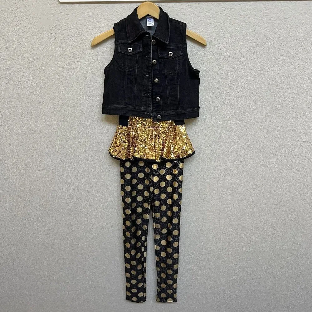 Weissman Size Child Medium Gold Digger Dance Costume Black Gold Sequin Jean Vest